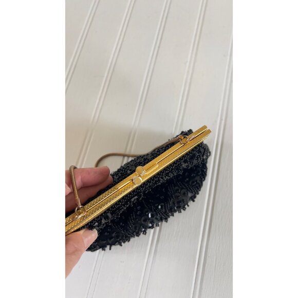 Vintage Beaded Black Evening Bag With Gold Frame & Chain Handle - Picture 14 of 14